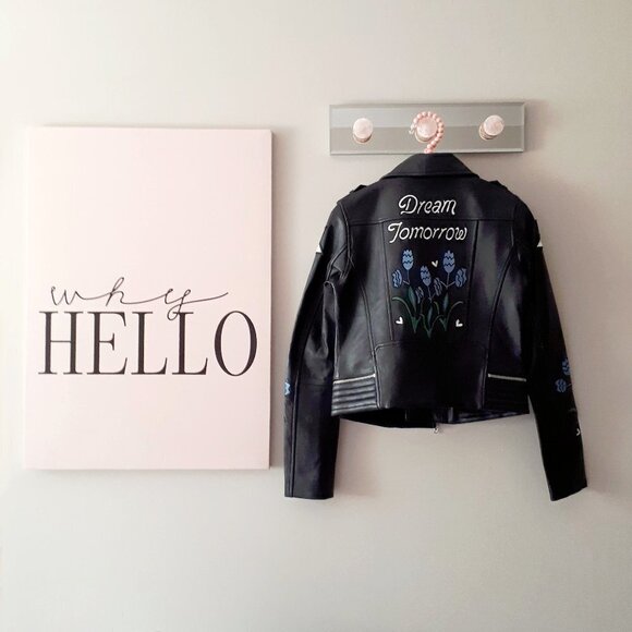 NWT Maje black leather patch embroidered “Dream Tomorrow” moto biker jacket, S - Picture 9 of 15